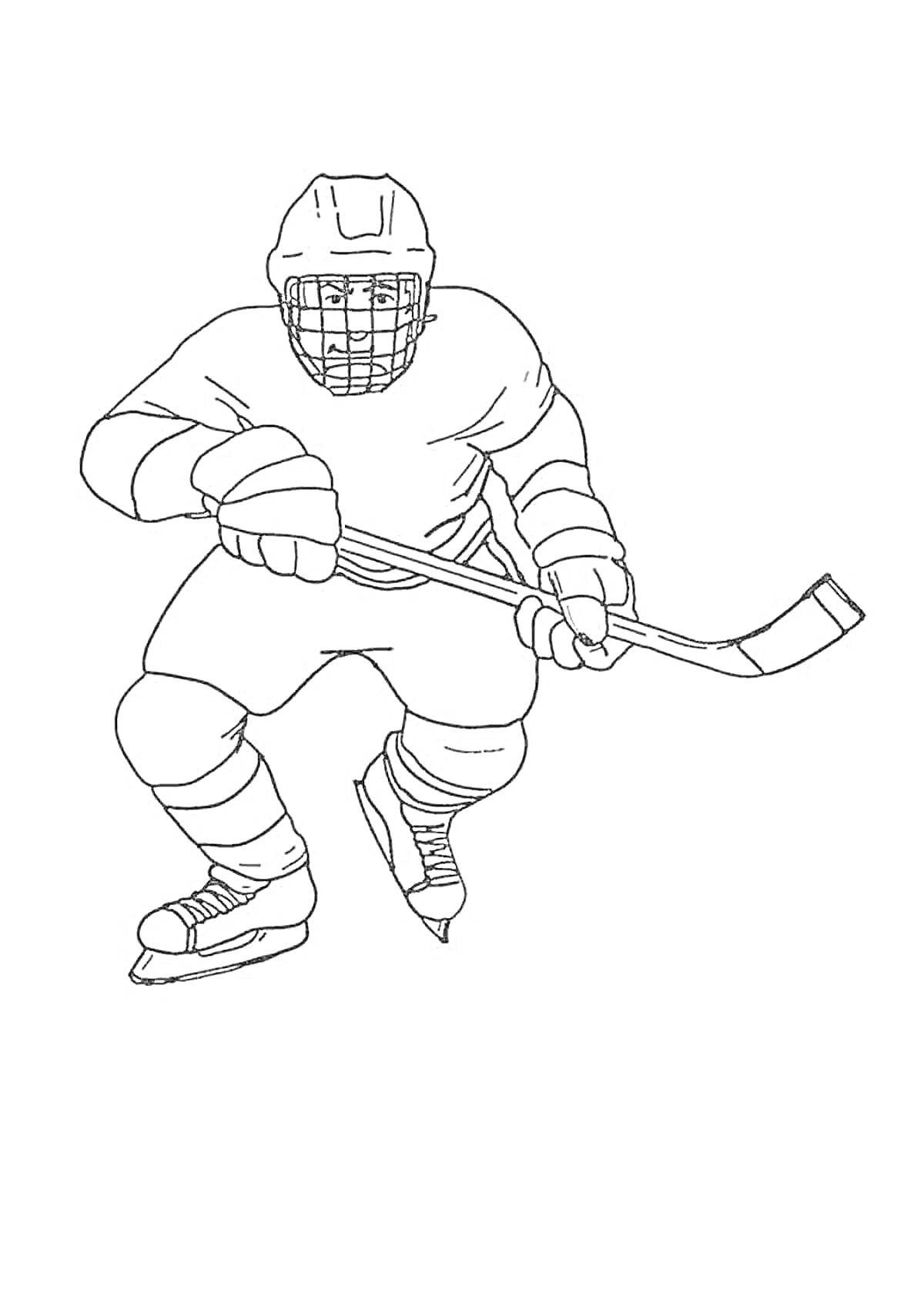 На раскраске изображено: Хоккей, Хоккеист, Клюшка, Спортивная форма, Защита, Коньки, Спорт