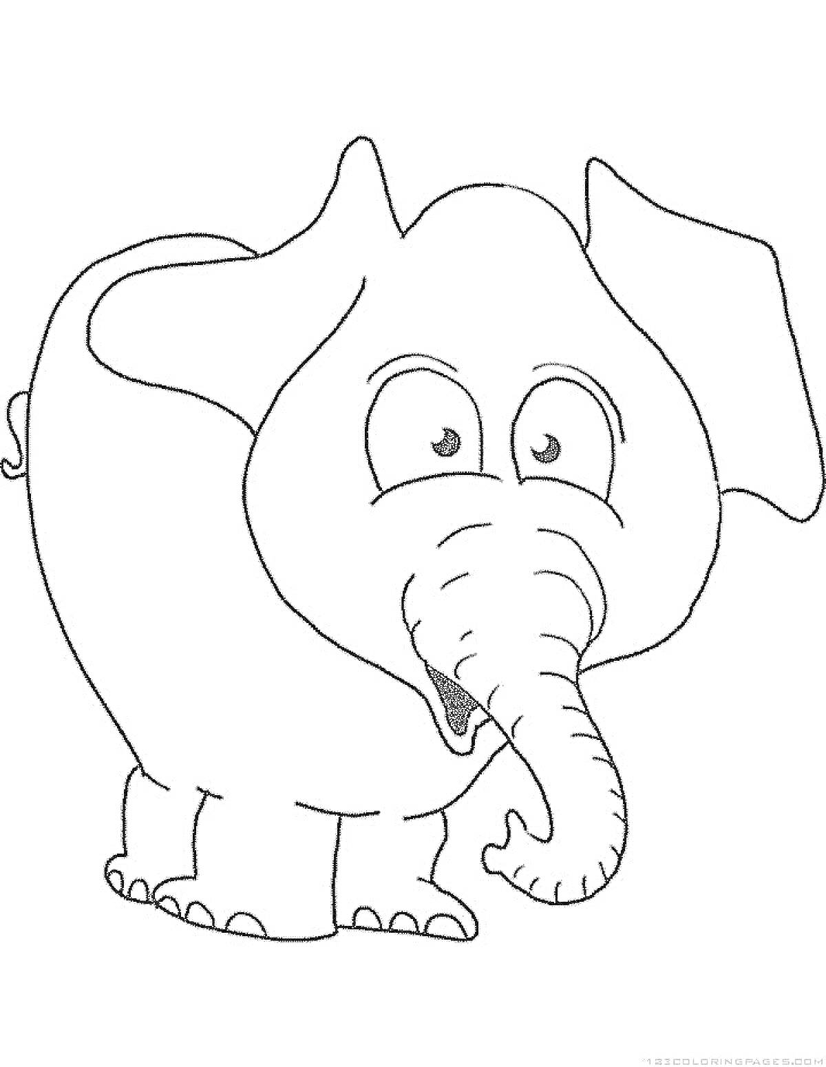 На раскраске изображено: Слон, Большой уши, Хобот, Уши