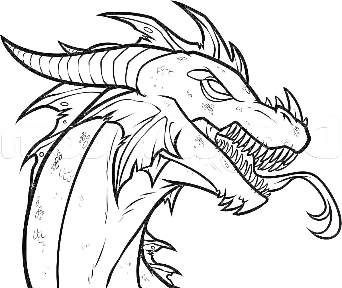 Раскраска Голова дракона с рогами, гребнем и раздвоенным языком