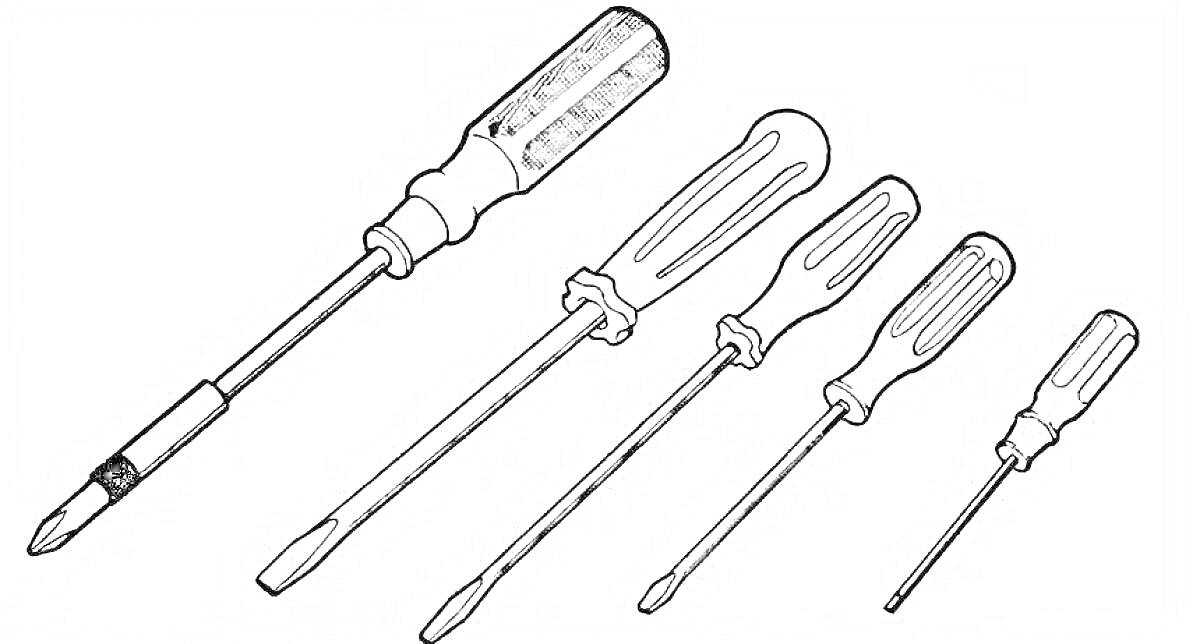 Раскраска Набор отверток: крестовая отвертка и четыре плоские отвертки разного размера