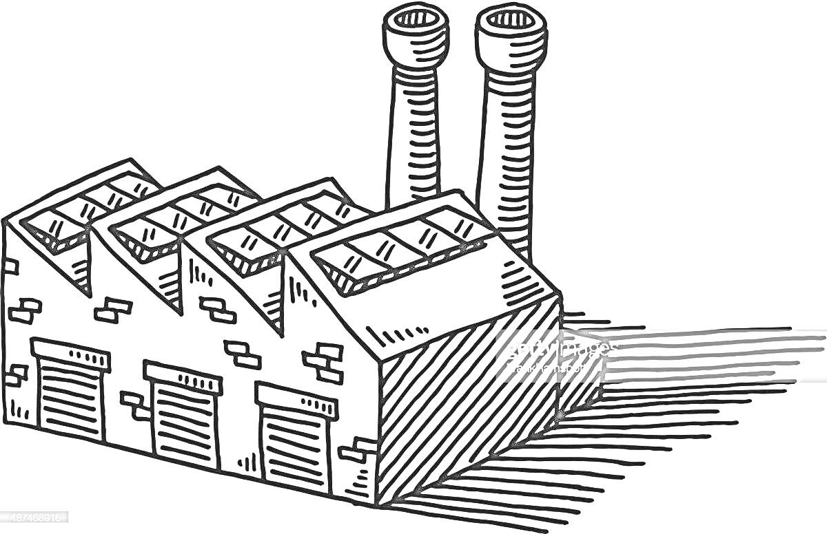 Завод с тремя наклонными крышами и двумя трубами