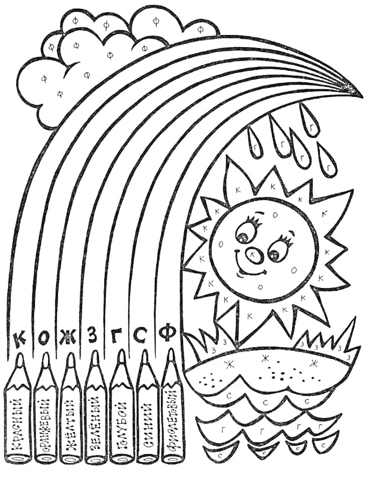 На раскраске изображено: Солнце, Облака, Капли воды, Река, Карандаши, Для детей, Радуги