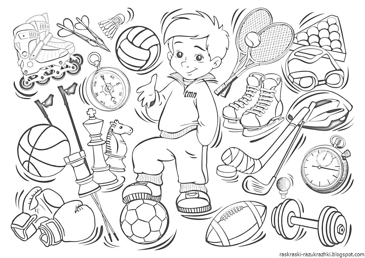 Мальчик в спортивном костюме с различными спортивными элементами, такими как ролики, волейбольный мяч, часы, шахматы, теннисные ракетки, труба, шашки, ледовые коньки, боксерские перчатки, баскетбольный мяч, гантели, футбольный мяч, лыжи