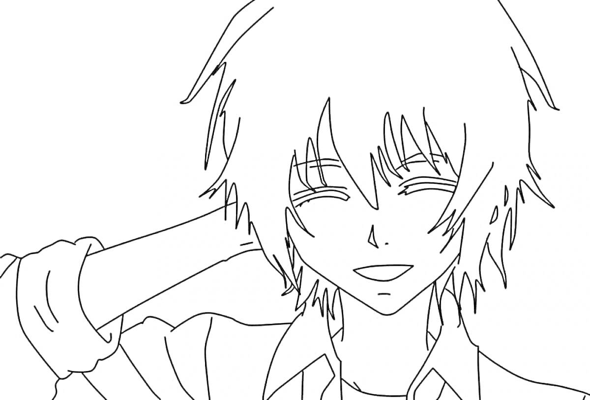 Раскраска Аниме парень с растрепанными волосами, улыбкой и приподнятой рукой в расстёгнутой рубашке.
