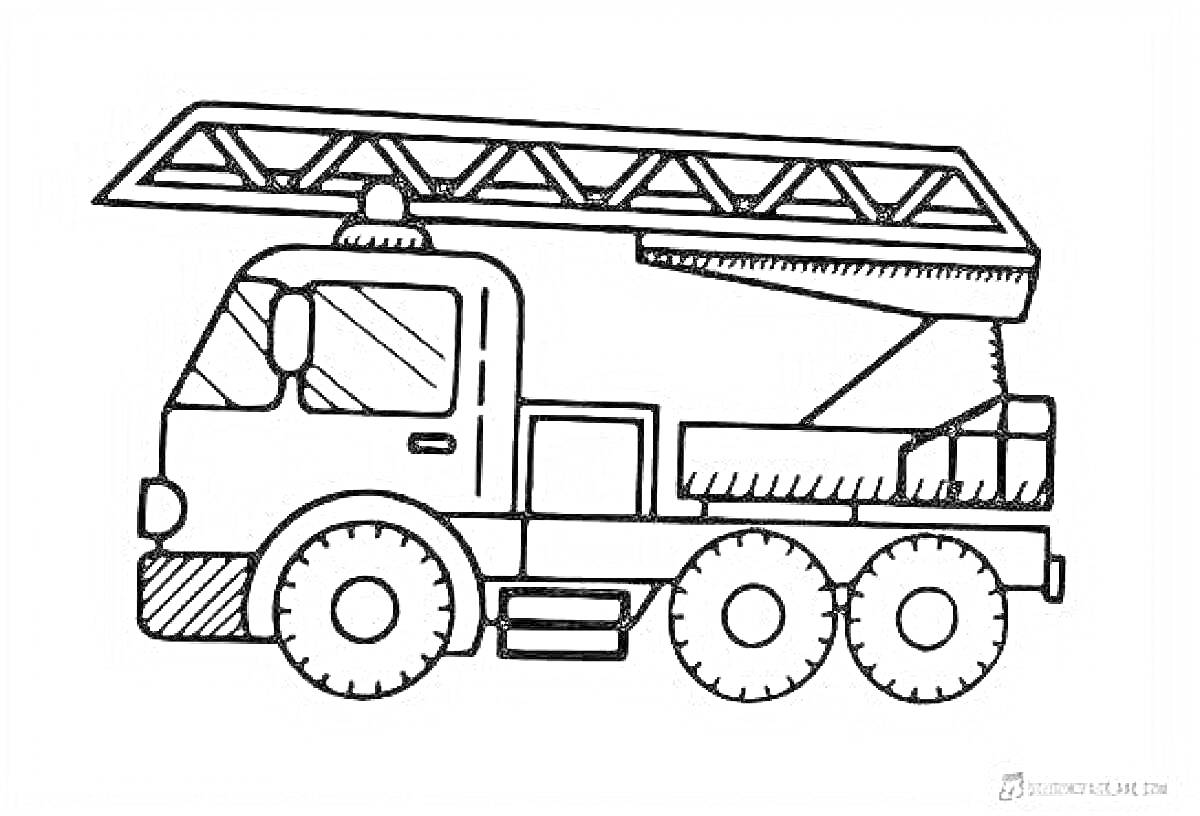 Раскраска Пожарная машина с лестницей и большими колесами
