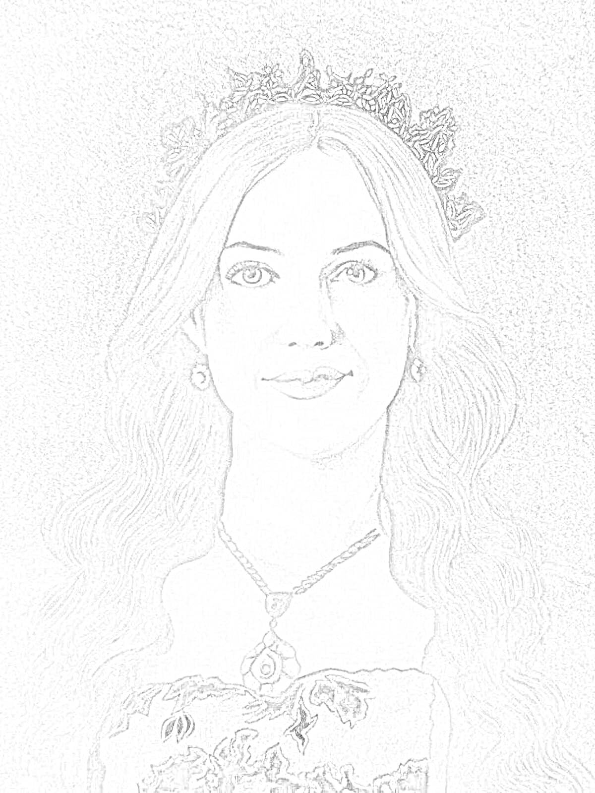 Раскраска Женщина в древней короне с украшениями на шее и в ушах, с длинными волосами