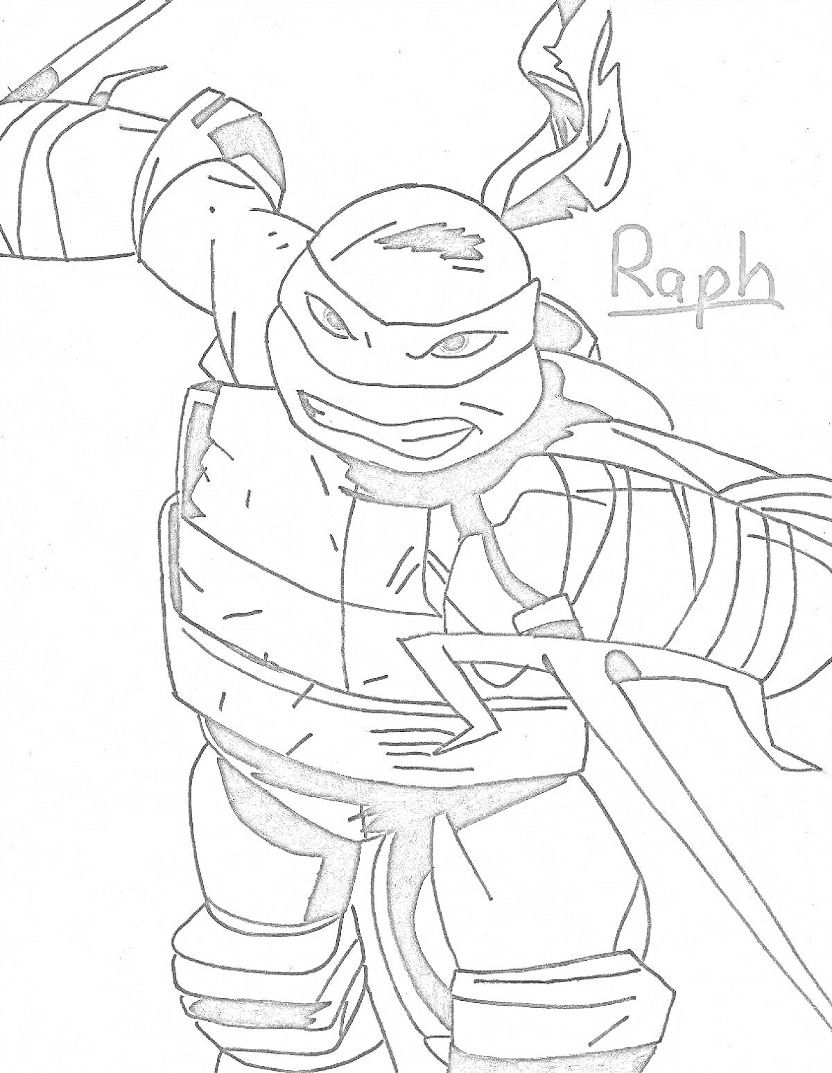 Раскраска Черепашка ниндзя Рафаэль с мечами, надпись Raph