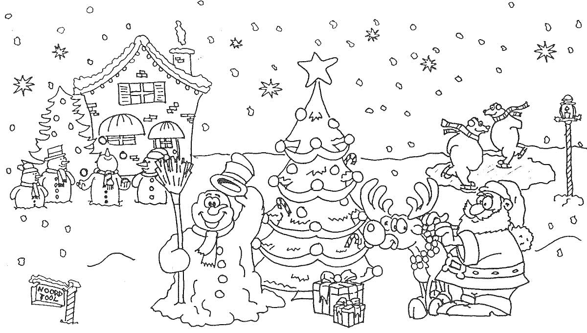 На раскраске изображено: Новый год, Подарки, Санта Клаус, Олень, Дом, Зимний пейзаж, Снег, Рождество, Зима, Елки, Праздники, Снеговики