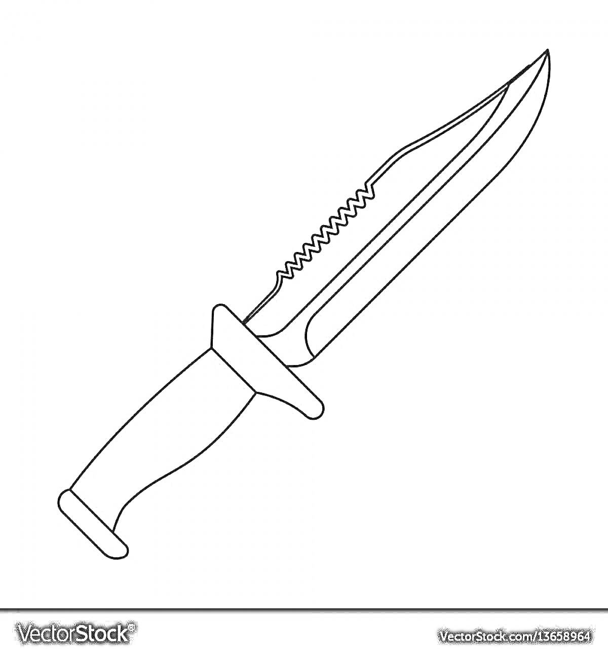 На раскраске изображено: Нож, Оружие, Холодное оружие, Лезвие, Зазубренное лезвие, Гарда, Рукоятка
