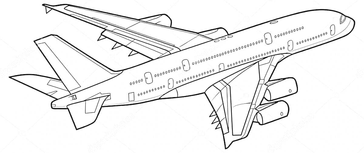 Раскраска Аэробус в полете с двумя крыльями, двумя турбинами на каждом крыле, закрылками, хвостовым оперением и закругленным носом