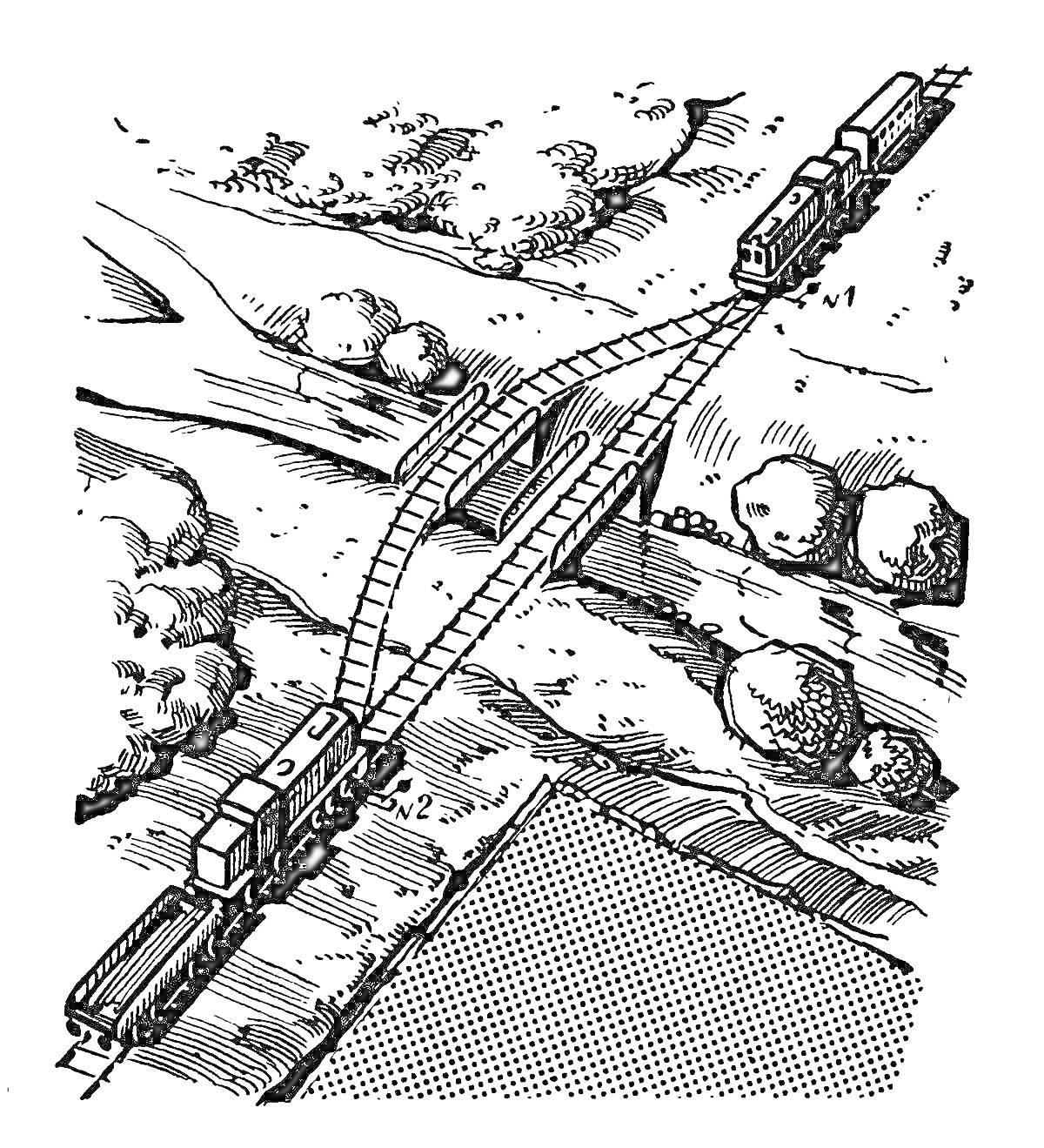 На раскраске изображено: Железнодорожный переезд, Рельсы, Мост, Деревья, Поля, Природа