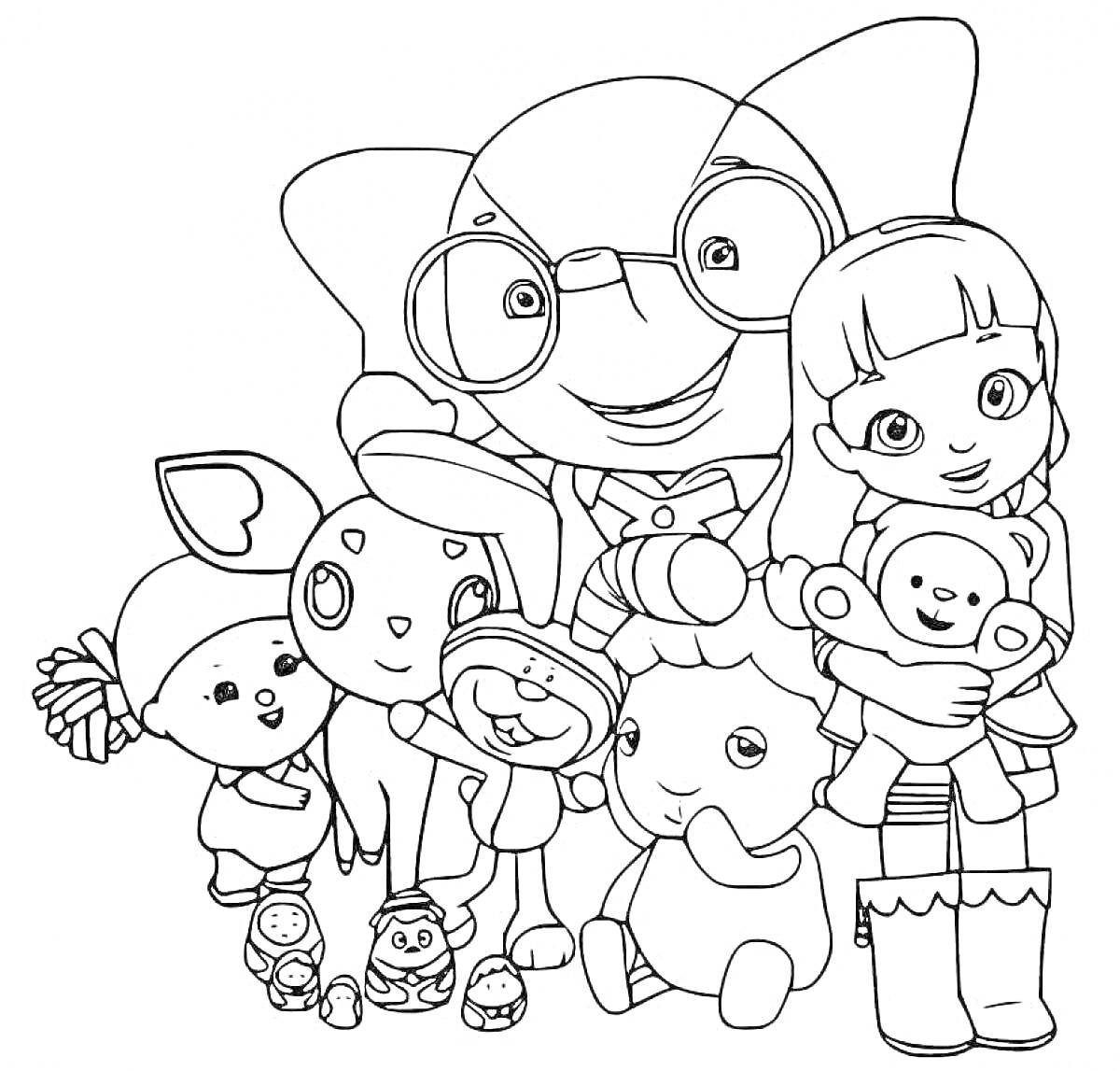 Радужные друзья: мальчик в очках, девочка с медвежонком, игрушечный кролик, игрушечная овечка, кукла с капюшоном, резиновые сапоги, маленькие игрушки