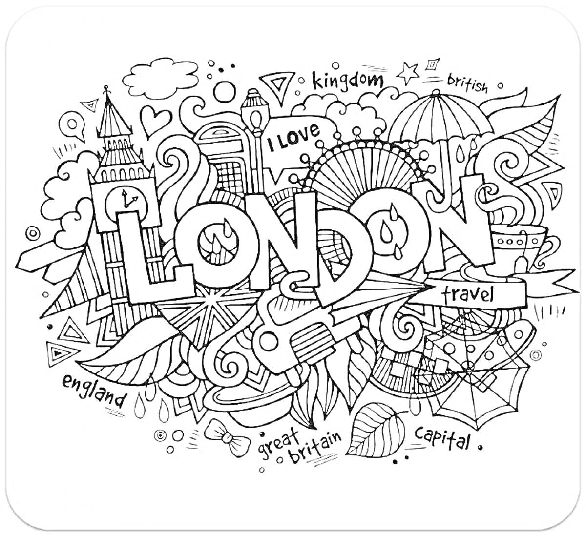 Раскраска Лондон с элементами облаков, зонтиков, Биг-Бена, кубков, крыльев, музыкальных нот, звезд, флагов и надписей 