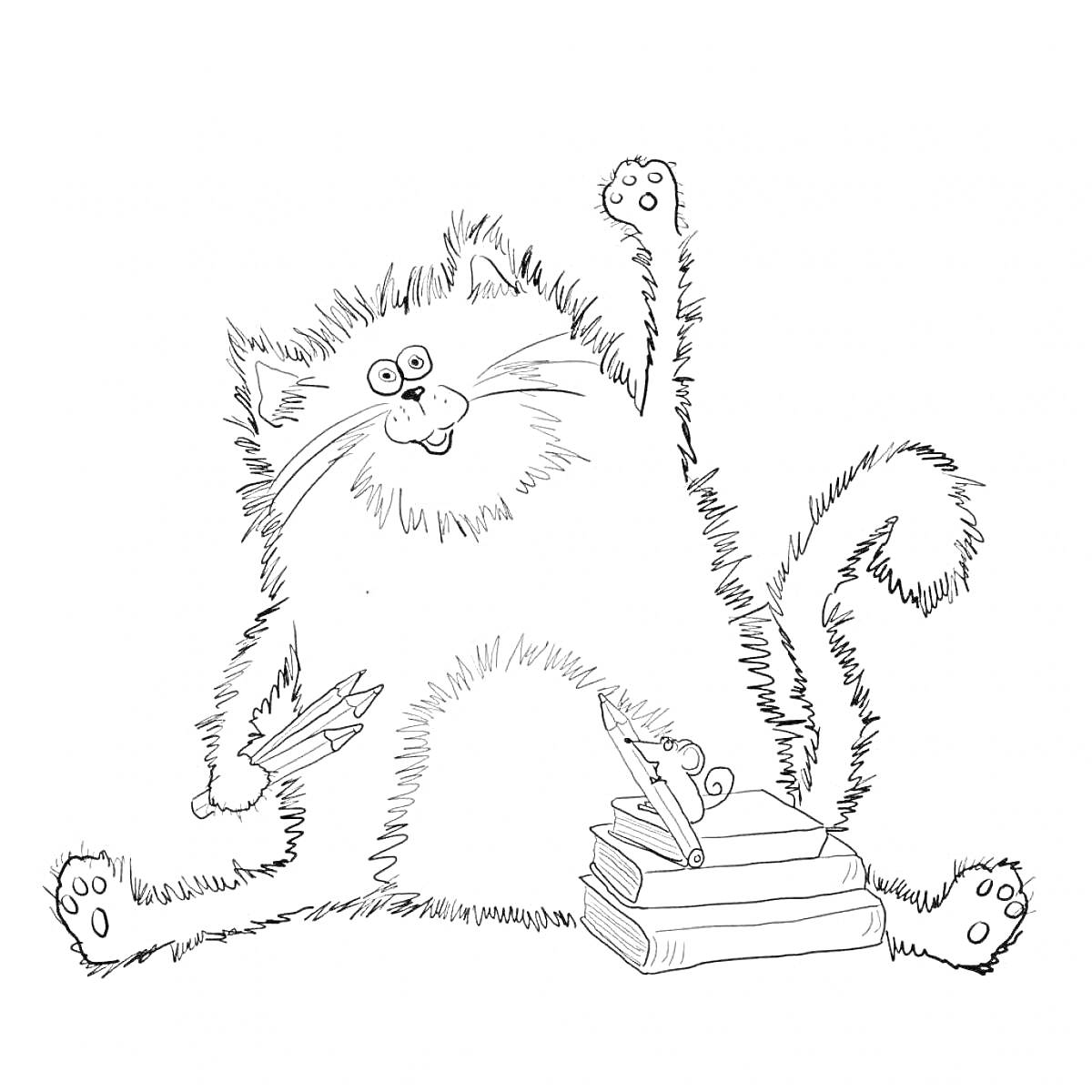 На раскраске изображено: Кот, Барсик, Карандаши, Забавный кот, Толстый кот, Сидящий кот, Школьные принадлежности