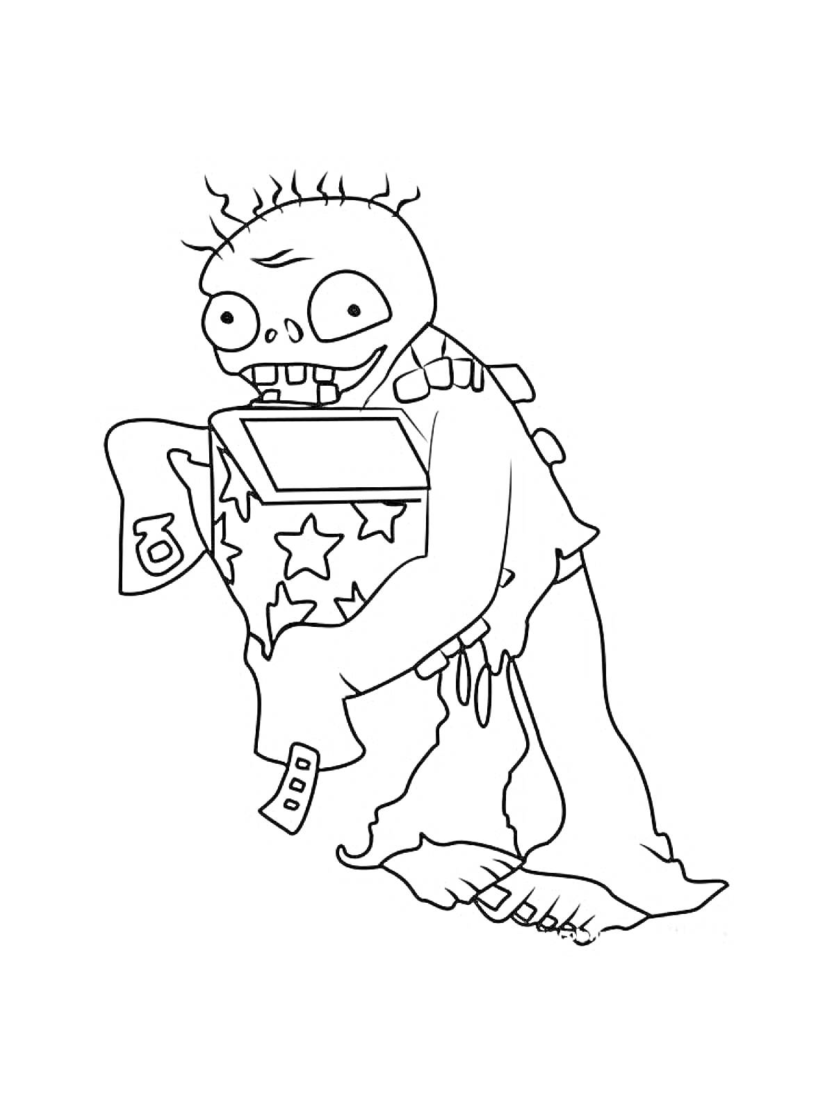 Раскраска Зомби с музыкальной шкатулкой и рваными одеждами