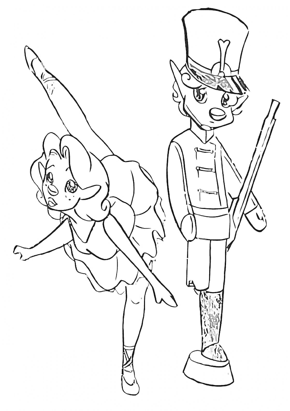 Раскраска Балерина и оловянный солдатик с ружьем