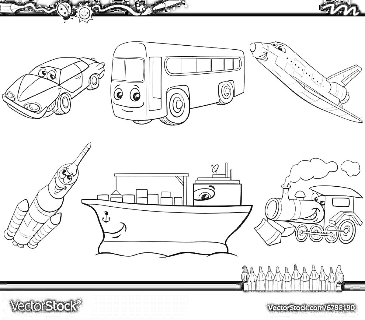 На раскраске изображено: Пассажирский транспорт, Автобус, Ракета, Корабль, Пароход, Поезд, Космический шаттл, Творчество