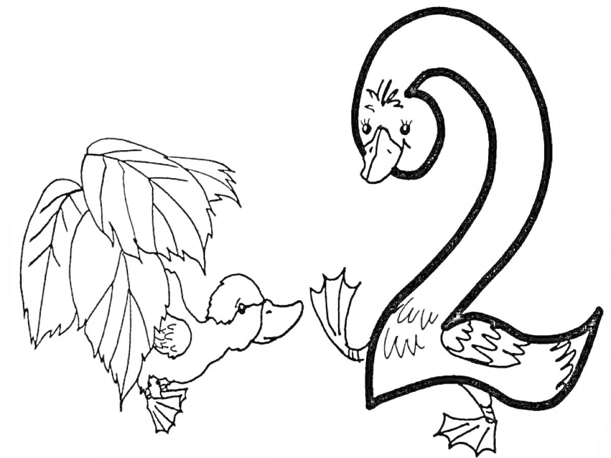 Раскраска Утка и утёнок рядом с цифрой 2, где цифра стилизована под утку