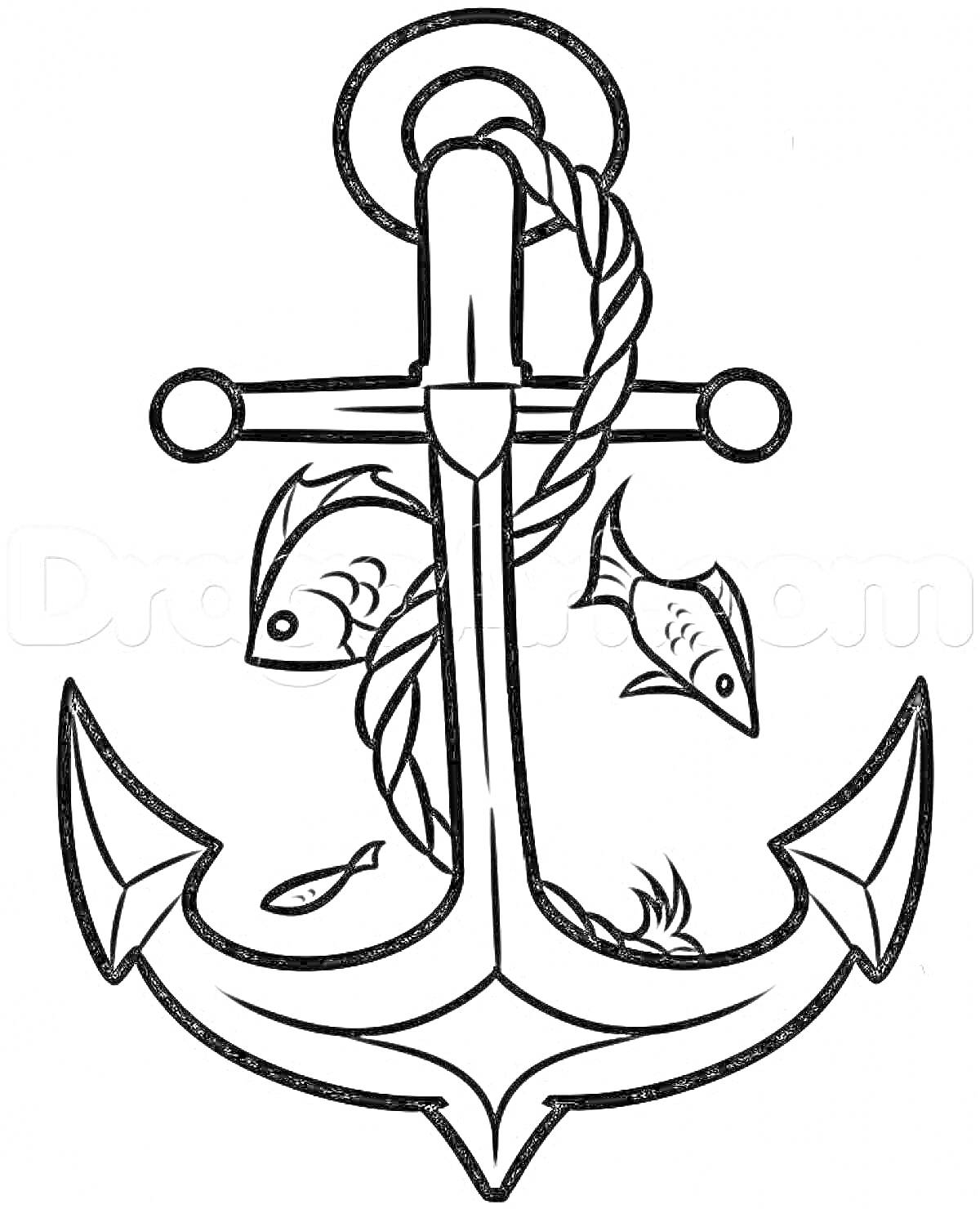 Раскраска Якорь с рыбками и канатом для детей