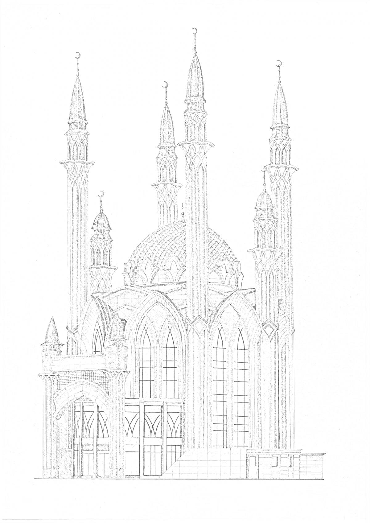 Раскраска Кул-Шариф. Мечеть с пятью минаретами и большими окнами.