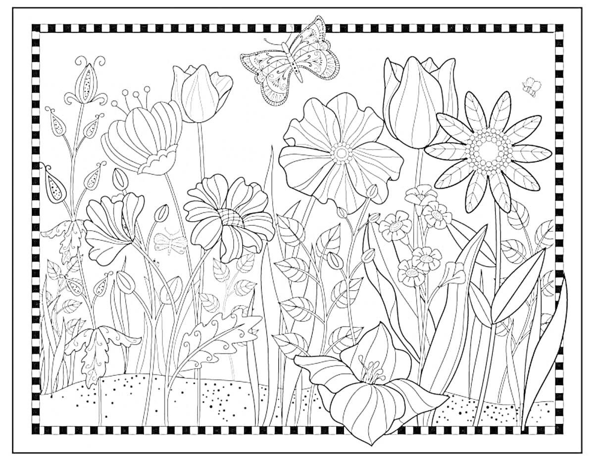 На раскраске изображено: Поляна, Цветы, Тюльпаны, Лилии, Пчелы, Природа, Весна, Лето