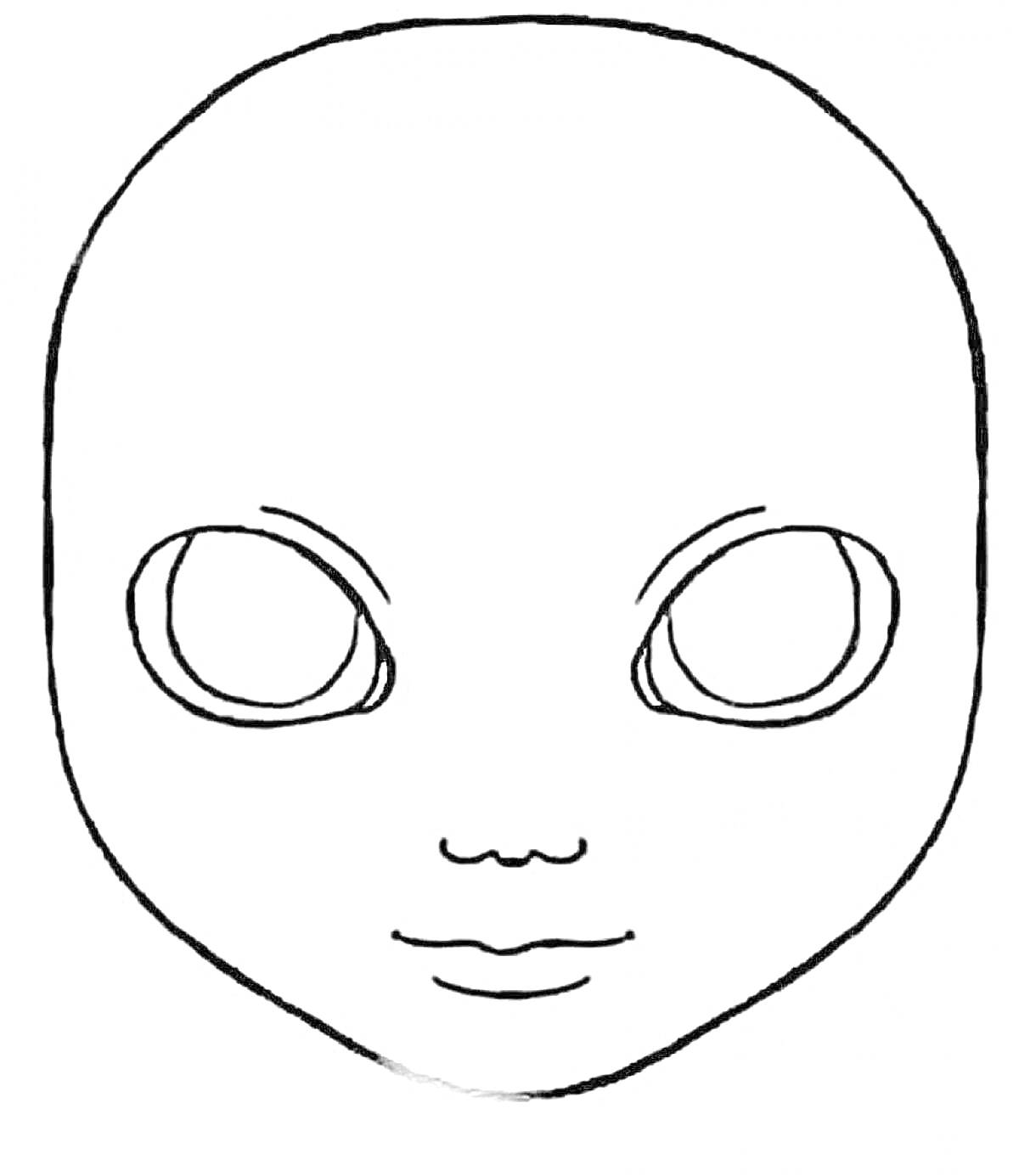 Раскраска Лицо куклы с большими круглыми глазами и контуром рта, без волос