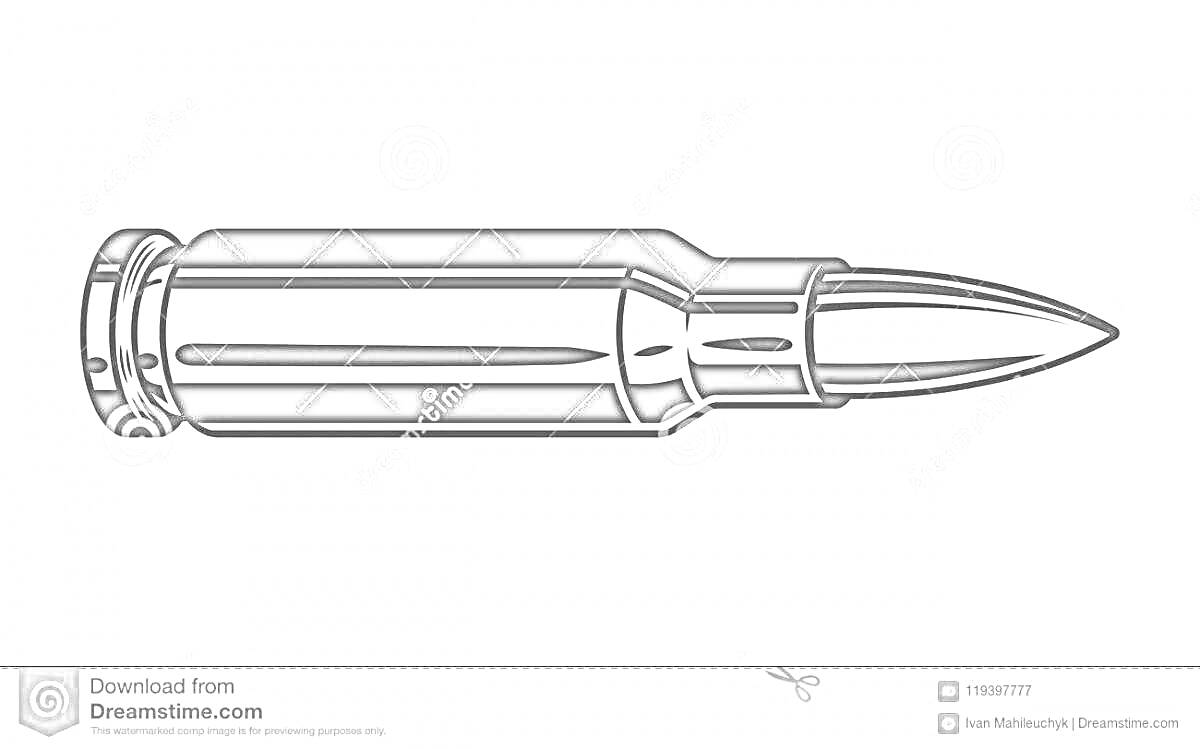 Раскраска Черно-белая иллюстрация пули боком на белом фоне с видимой гравировкой на корпусе