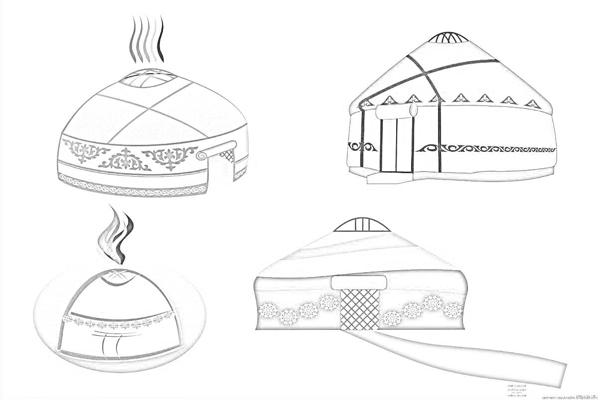 На раскраске изображено: Киіз үй, Юрта, Дым, Орнамент, Дверь, Крыша, Декор, Дом, Кочевники, Традиции