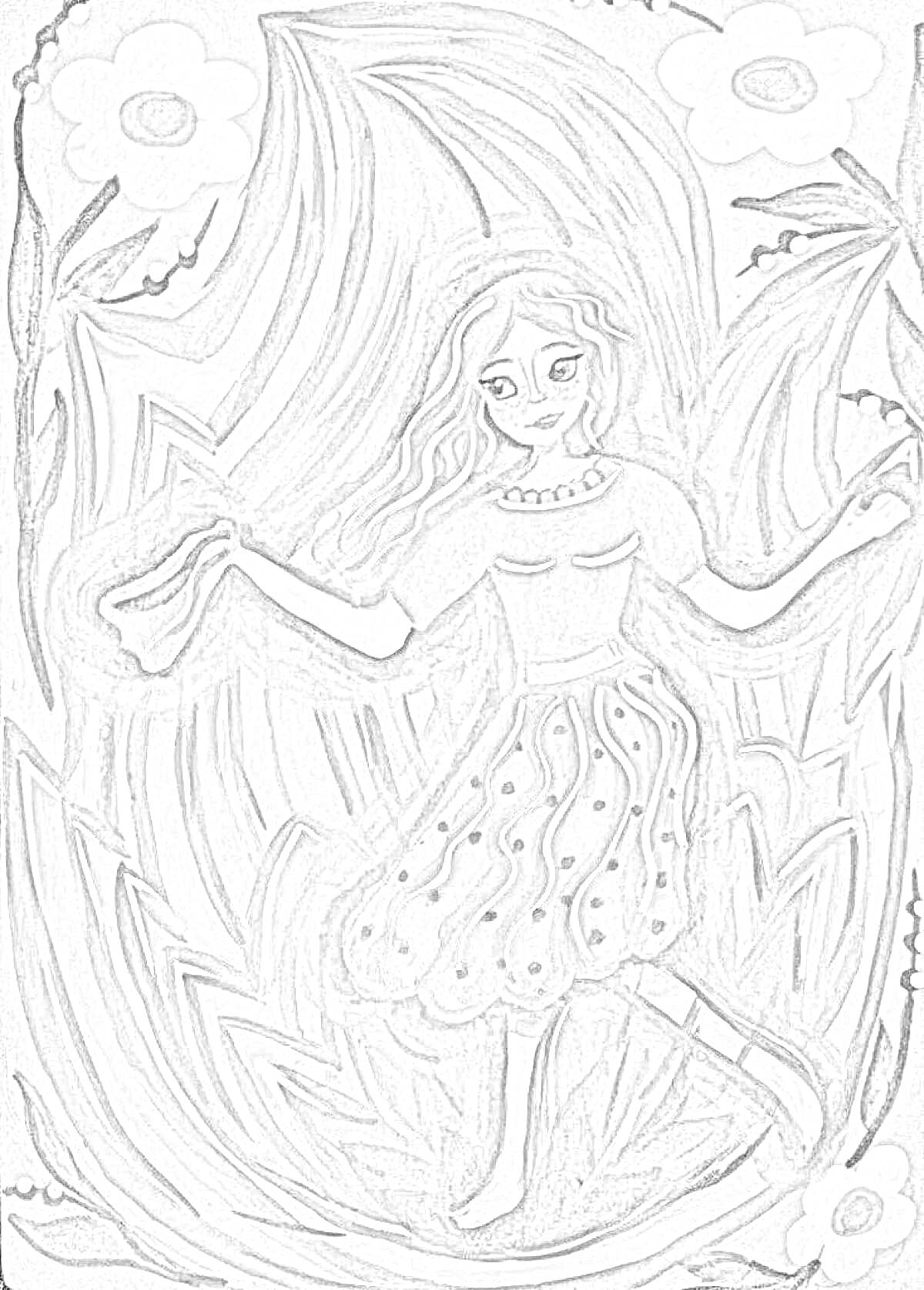 Раскраска Девушка с развевающимися волосами в узорном костюме на фоне больших листьев и цветов