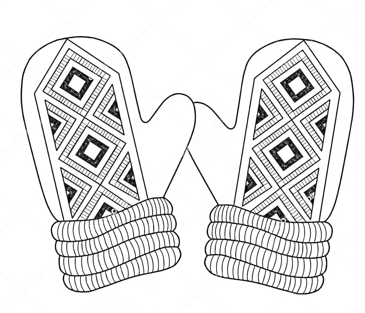 Раскраска Варежки с геометрическими узорами и вязаными манжетами