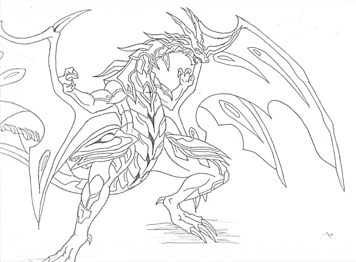 На раскраске изображено: Дракон, Крылья, Агрессия, Поза, Фантазийный персонаж, Мифические существа