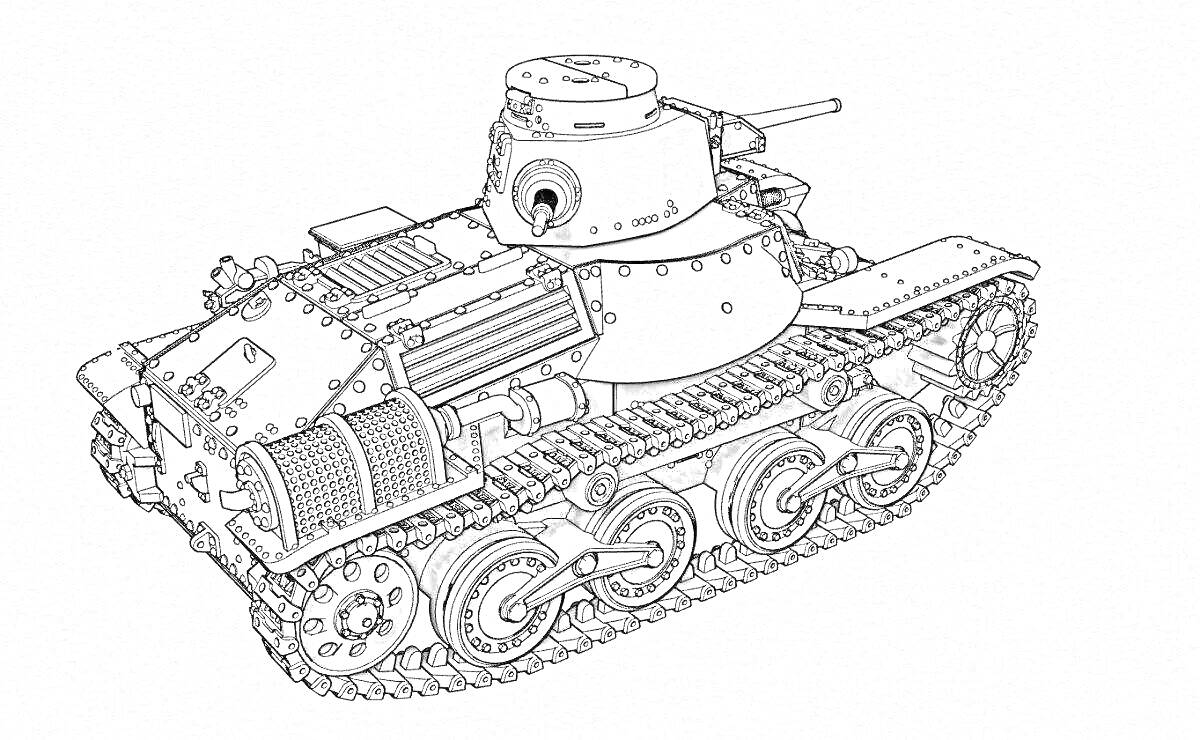 Раскраска танк T-35 со всеми деталями, включая гусеницы, орудие, люки, башню, механизмы на корпусе и элементы ходовой части.