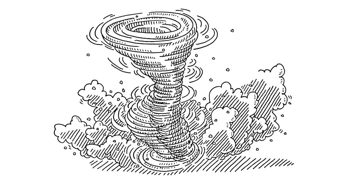 На раскраске изображено: Ураган, Вихрь, Облака, Дождь, Природа, Погода, Стихия, Ветер, Графика, Штриховка