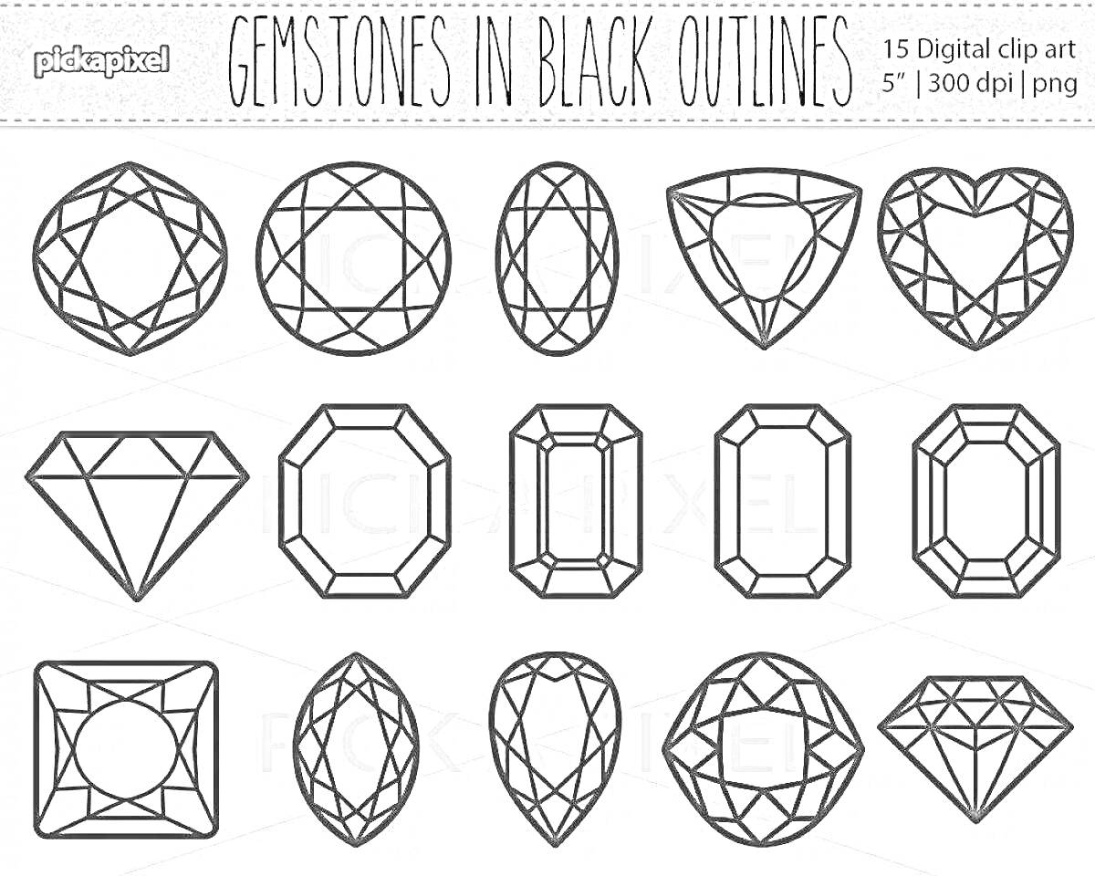 Раскраска Обводки драгоценных камней разной формы (круглый, овальный, треугольный, сердце, квадратный, прямоугольный, грушевидный, изумрудной огранки) для раскраски