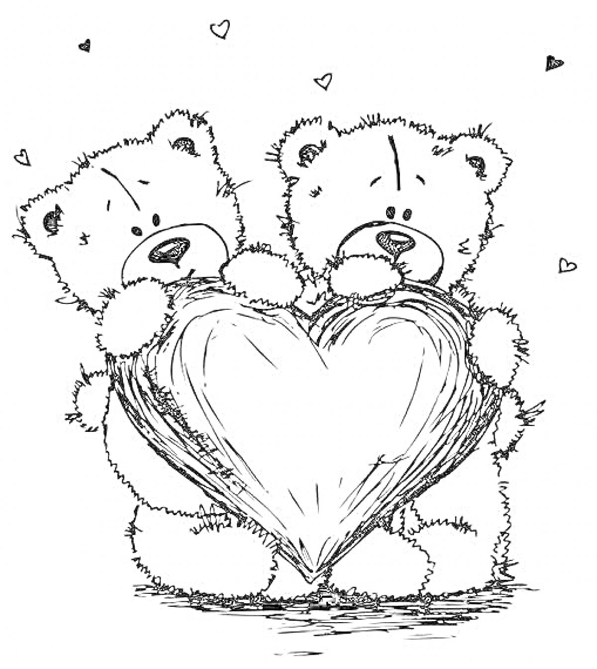 Раскраска Два мишки держат большое сердечко, маленькие сердечки вокруг