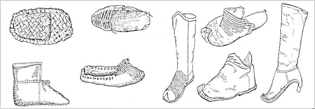 На раскраске изображено: Лапти, Сапоги, Ботинки, Обувь