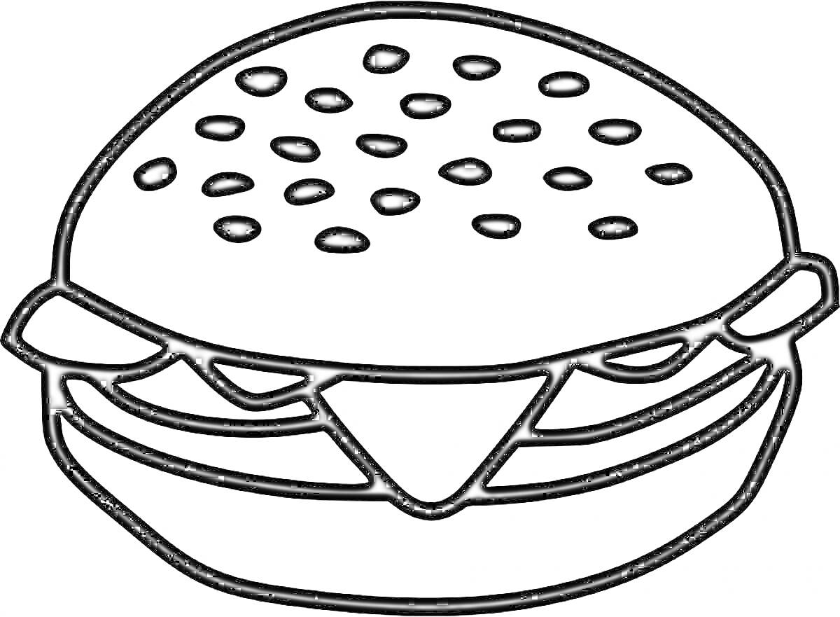 Раскраска Бургер с листьями салата и ломтиком сыра