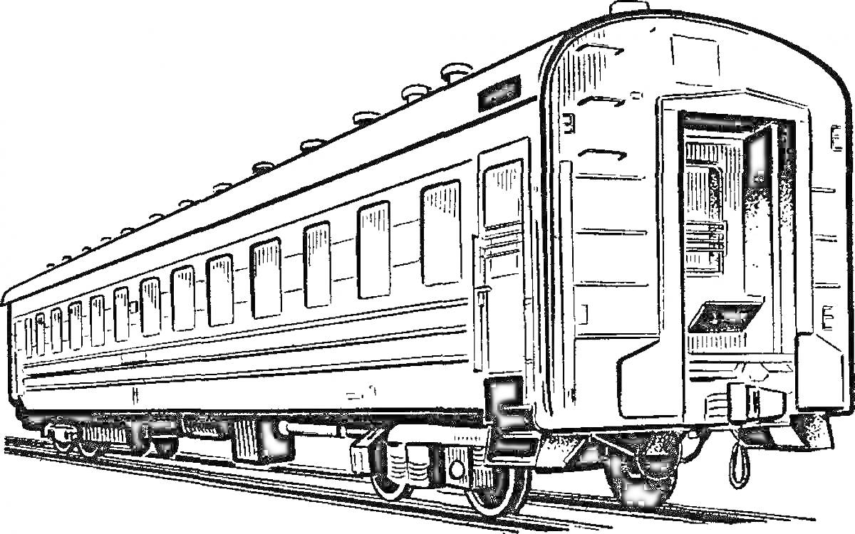 Раскраска Пассажирский вагон с окнами и дверью, стоящий на рельсах