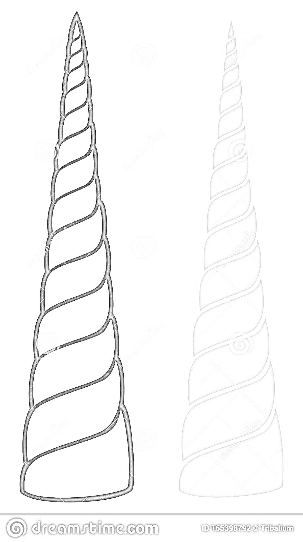 Раскраска Раскраска с изображением двух рогов единорога, левый контурный черный рог и правый закрашенный серый рог