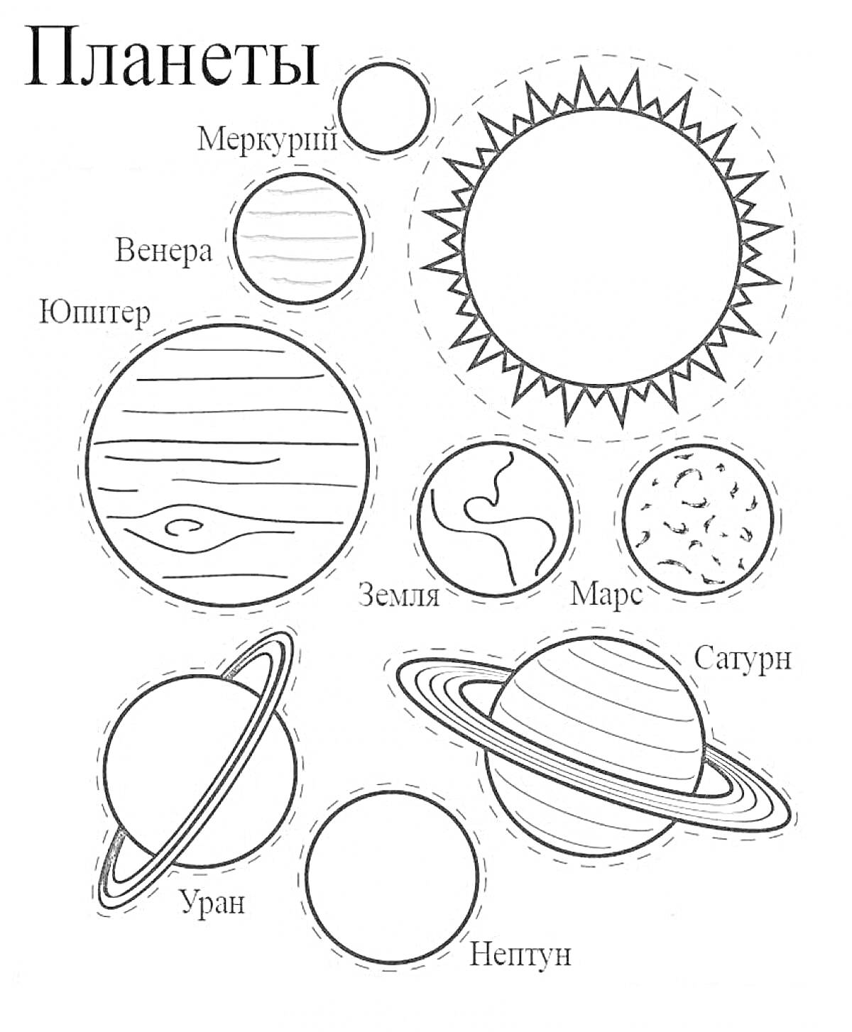 На раскраске изображено: Планеты, Солнце, Космос, Меркурий, Венера, Земля, Марс, Юпитер, Сатурн, Уран, Нептун