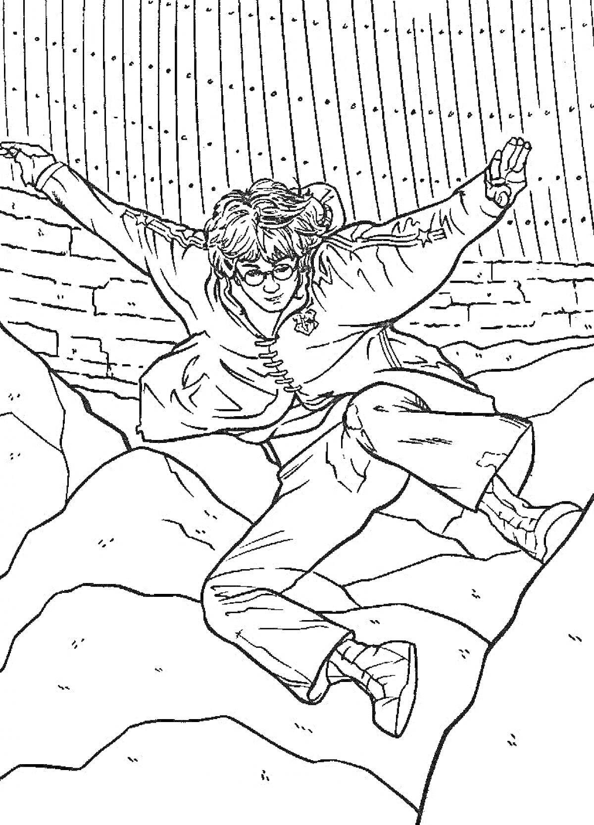 Раскраска человек в очках и плаще прыгает через камни на фоне стены