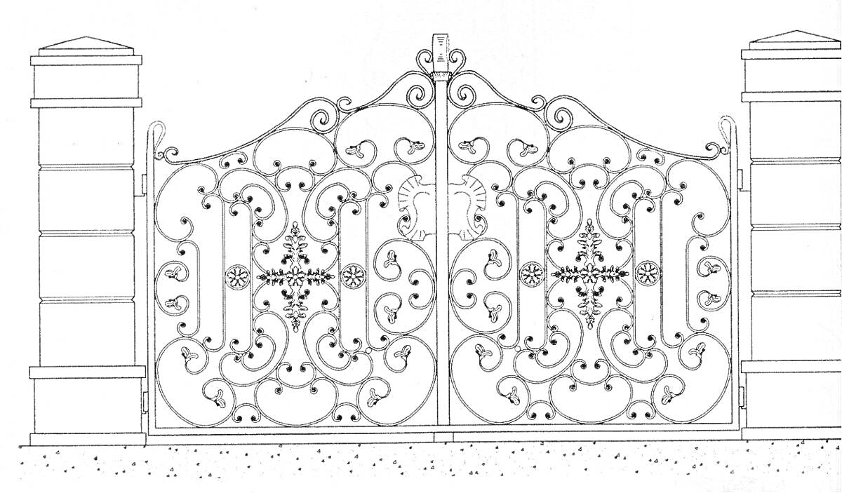 На раскраске изображено: Ворота, Узоры, Столбы, Вход, Забор
