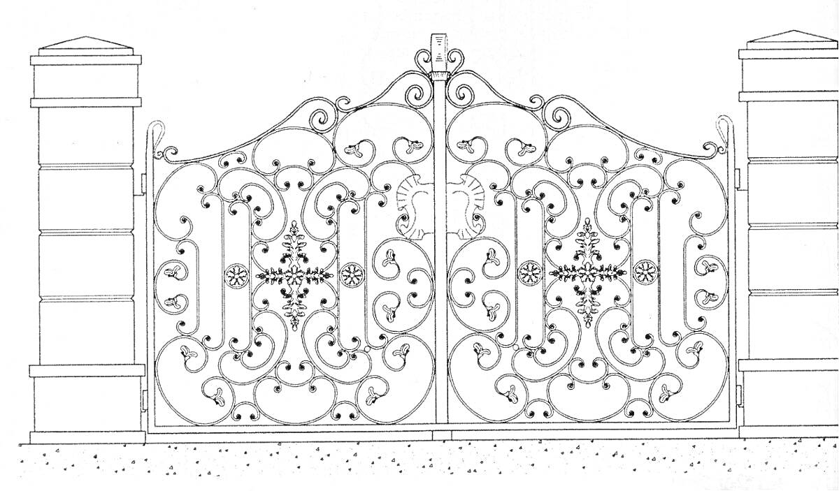 Раскраска Кованые ворота с узорами и столбами