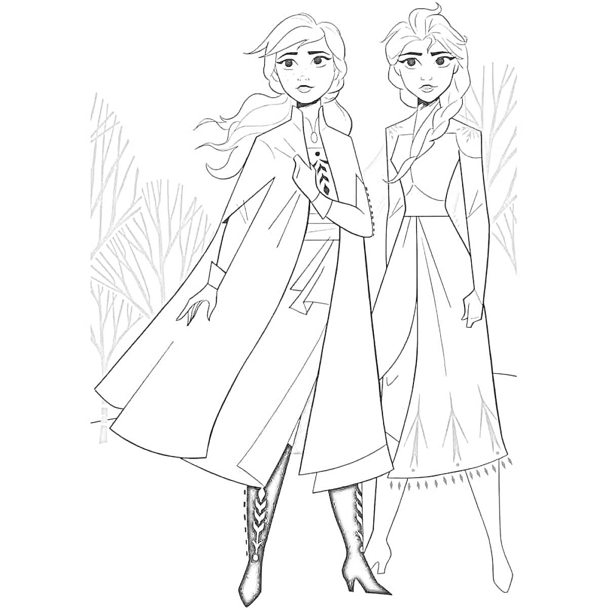 Раскраска Две девушки в лесу из 