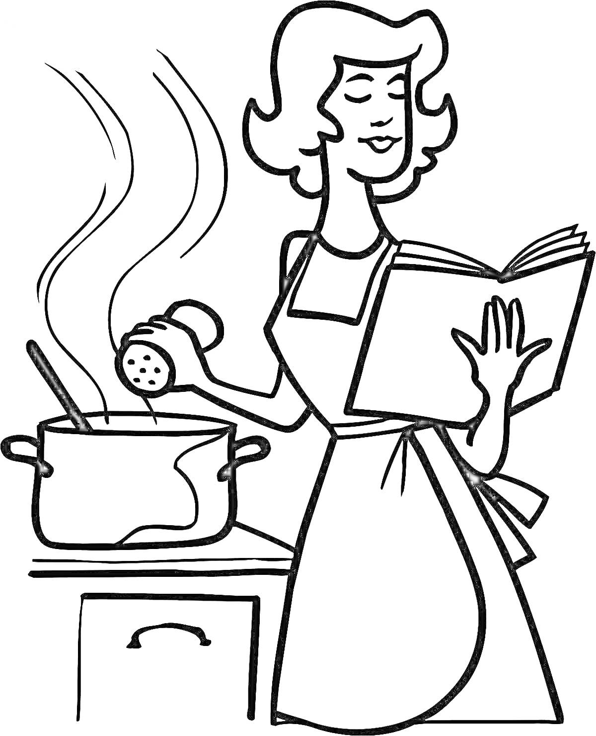 Мама готовит на кухне, держа книгу рецептов и добавляя специи в кастрюлю на плите