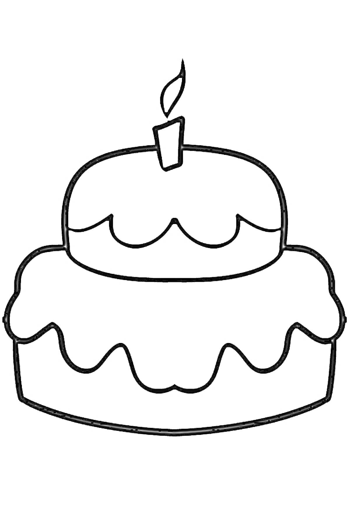 Раскраска Двухъярусный торт с глазурью и свечой
