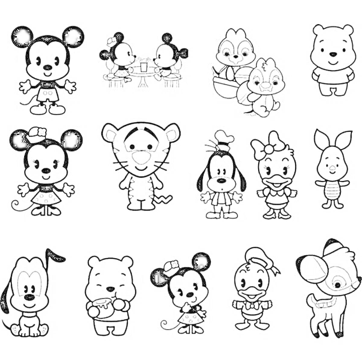 Раскраска Различные милые персонажи для детских наклеек