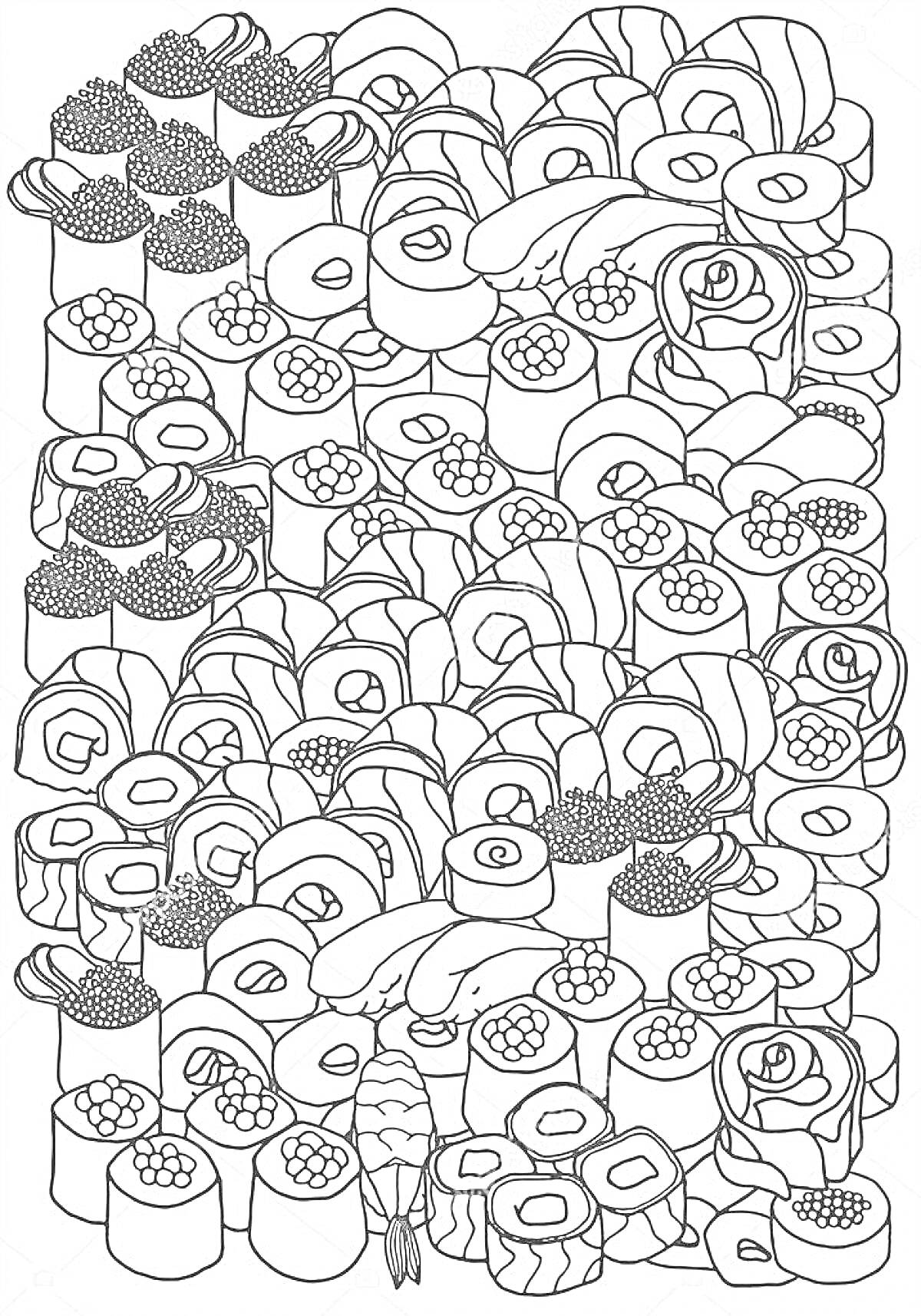 Раскраска набор различных роллов и суши