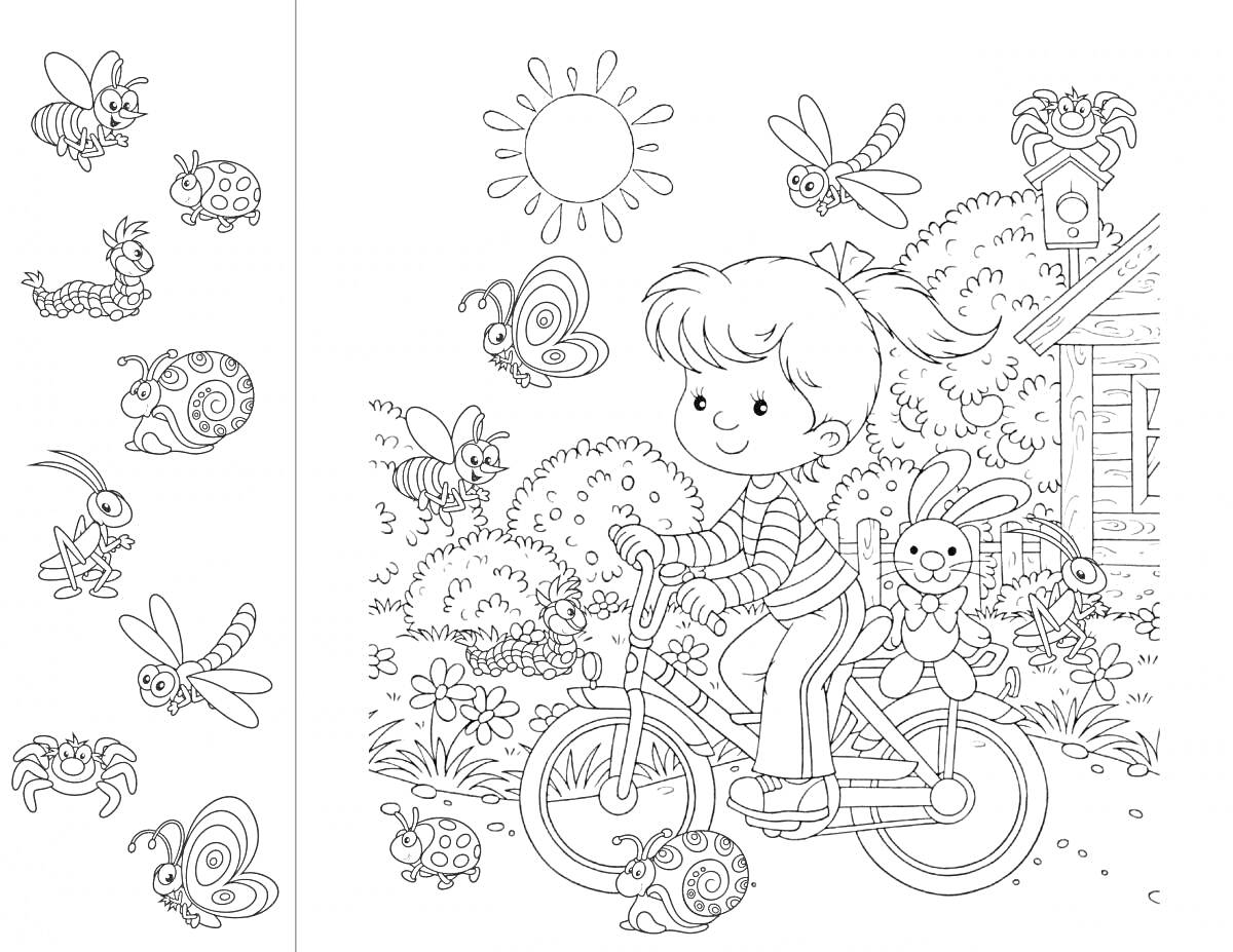 На раскраске изображено: Ребенок, Велосипед, Игрушечный заяц, Кузнечик, Бабочка, Улитка, Муха, Солнце, Домик, Деревья