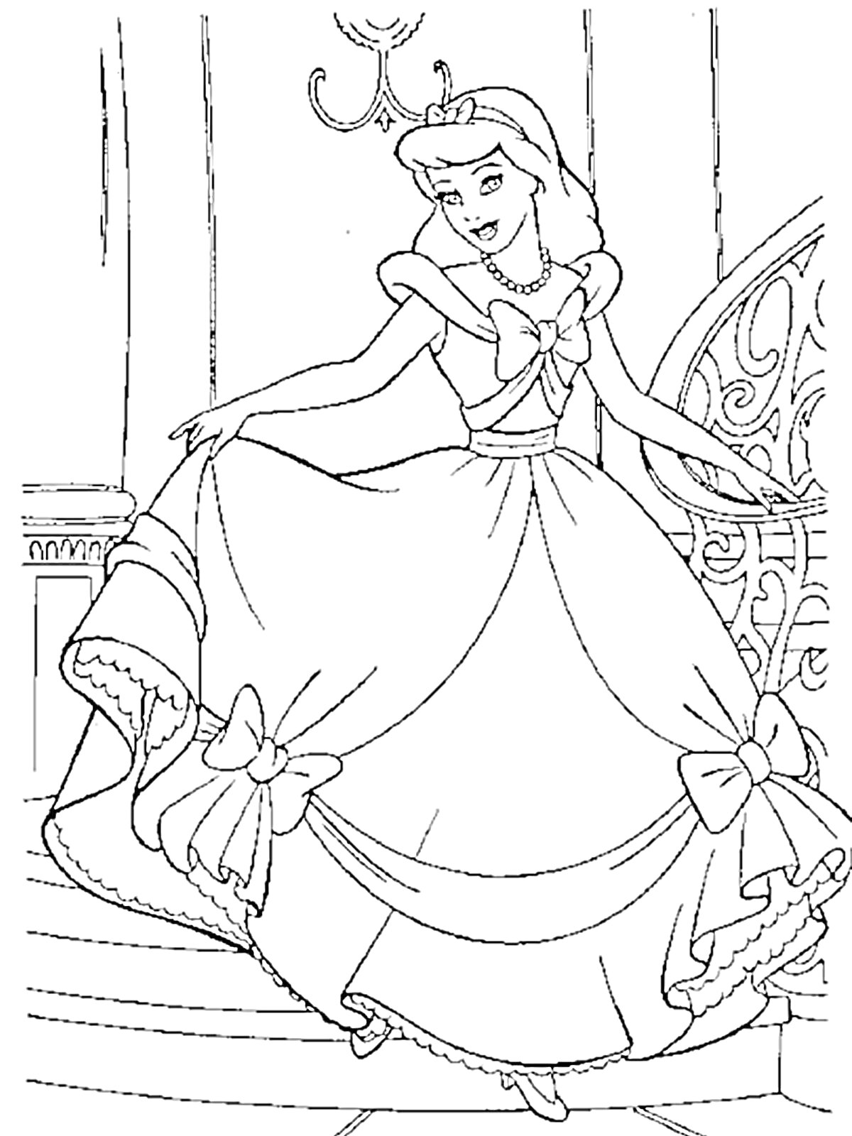 Раскраска Золушка на лестнице в длинном платье с большими бантиками